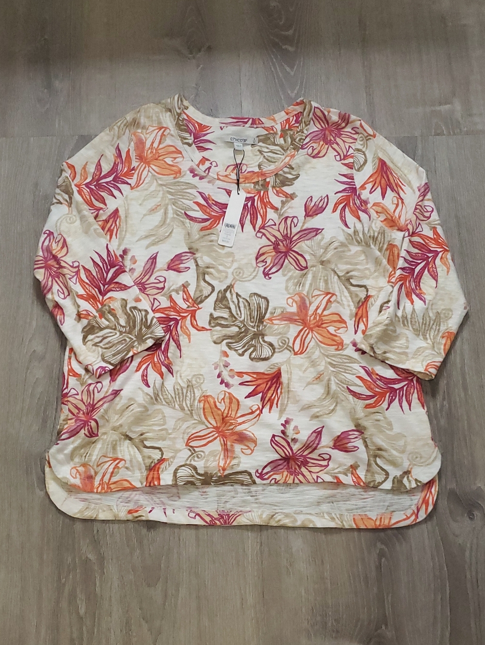 NWT Chico's Slub Floral 3/4 Sleeve Tee Alabaster Tropical Top Size 3 XL 16/18